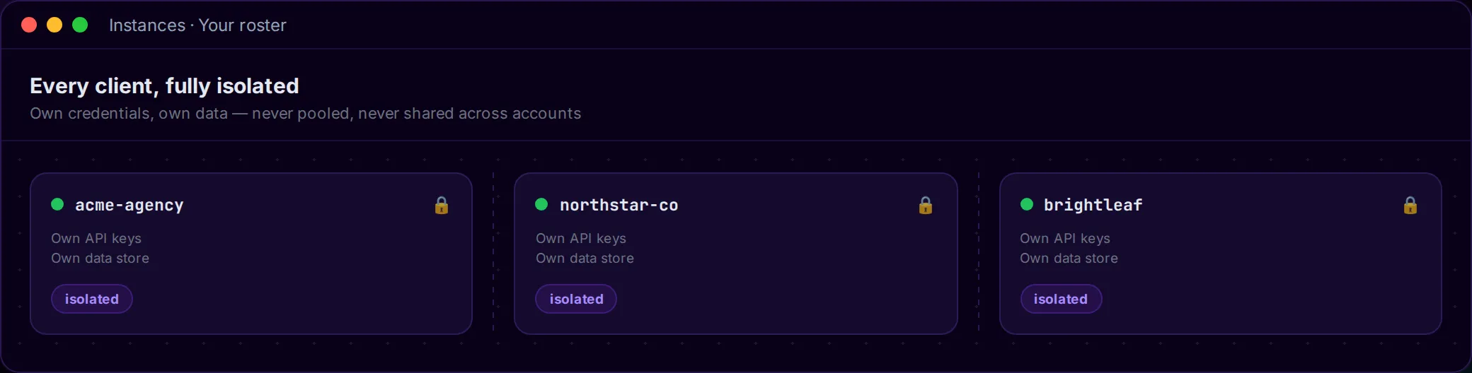 Every client fully isolated — own API keys, own data store, never pooled